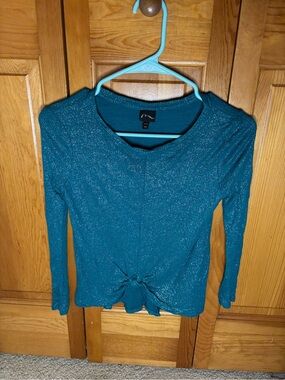 art class Teal Shimmery Long Sleeve Tie-Front Top